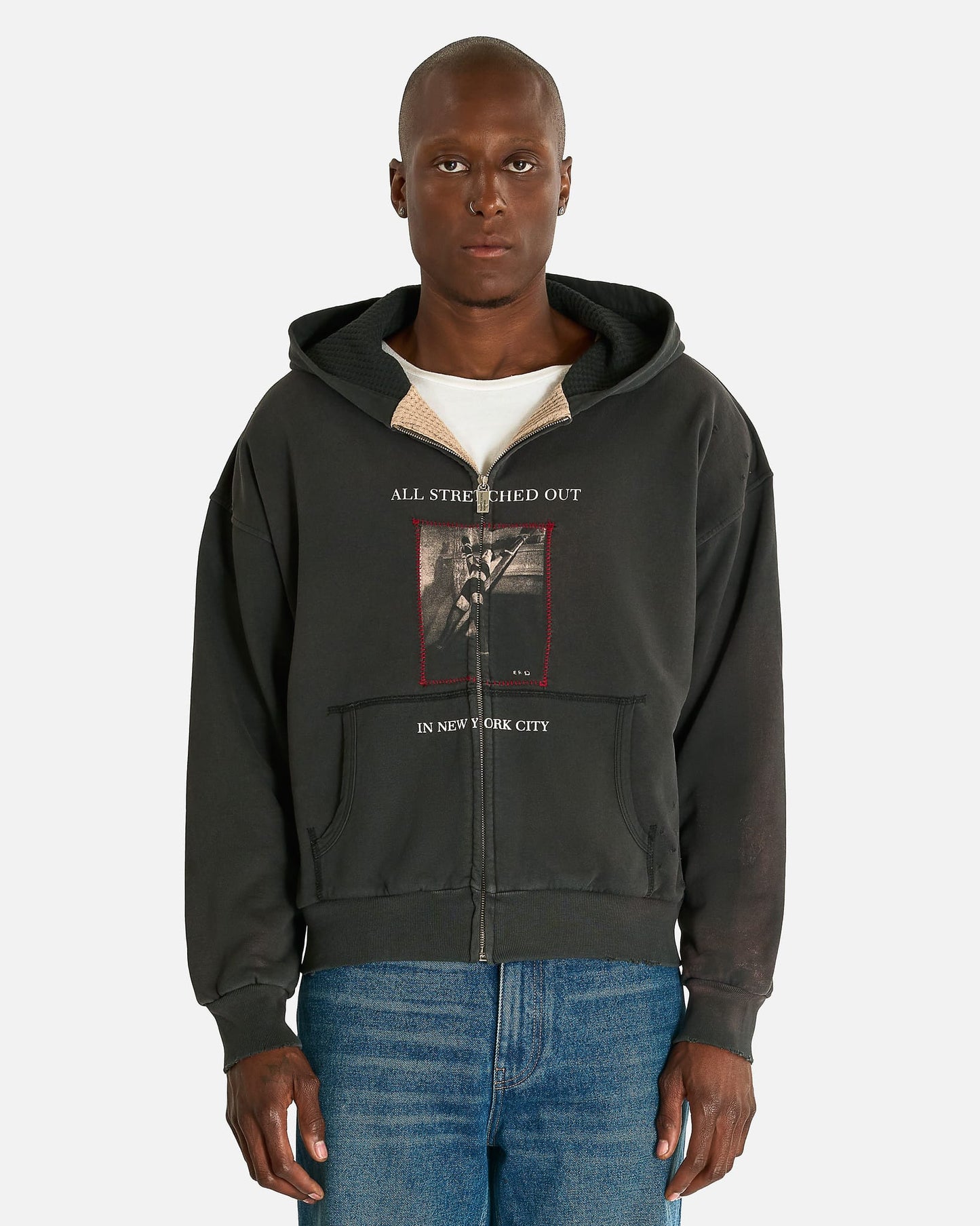 Enfants Riches Deprimes Men's Sweatshirts Stretched Out Thermal Lined Zip Up Hoodie in Washed Black
