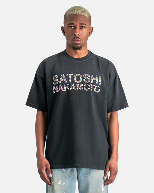 Satoshi Nakamoto Men's T-Shirts Studded Logo T-Shirt in Washed Black