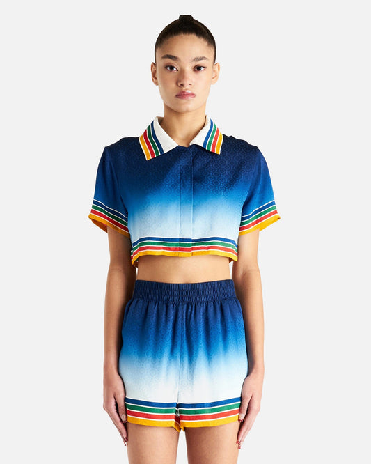 Casablanca Women Tops Studio De Musique Cuban Collar Cropped Silk Shirt in Multi