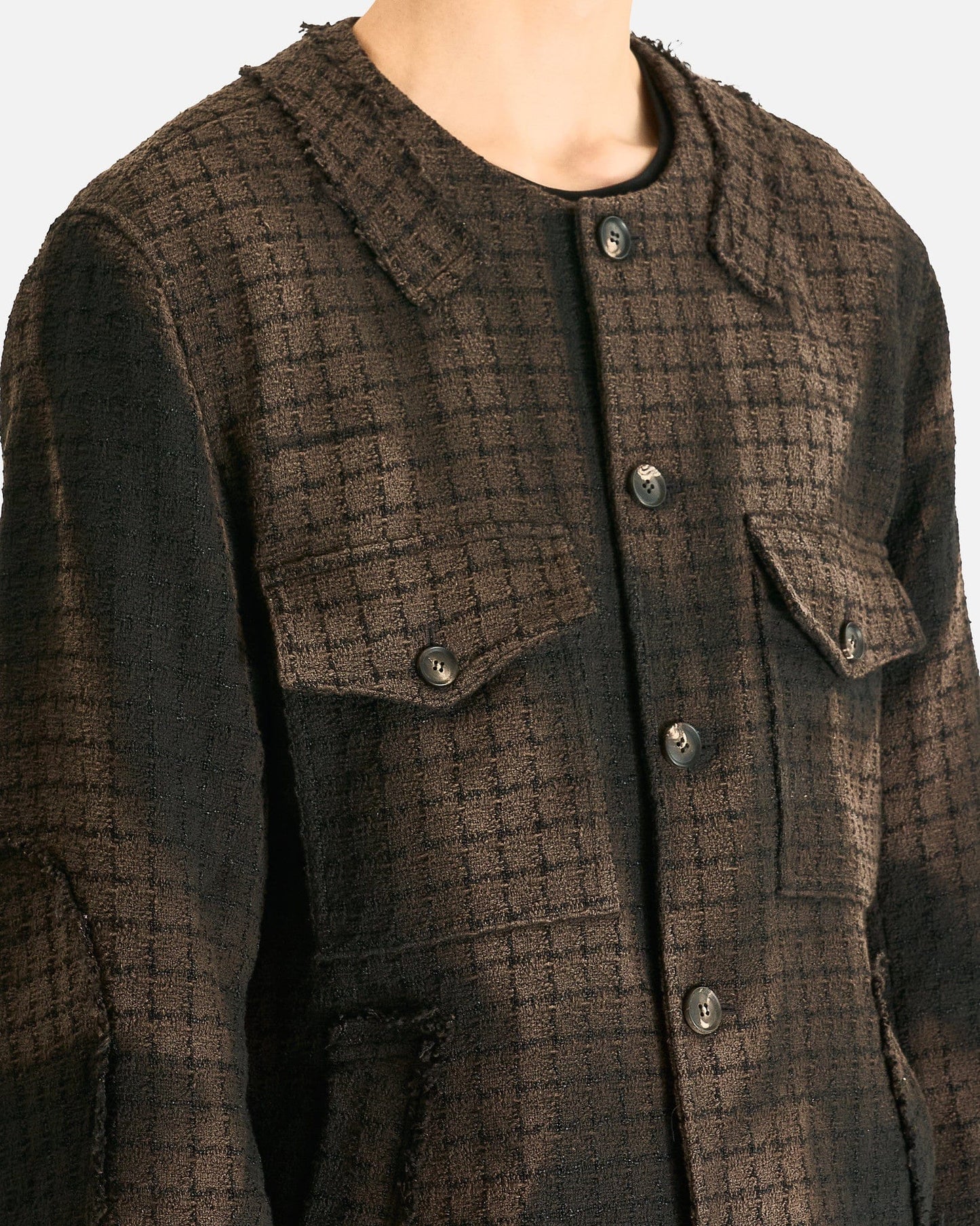 JiyongKim Men's Shirts Sun-Bleached Collarless Tweed Jacket in Black