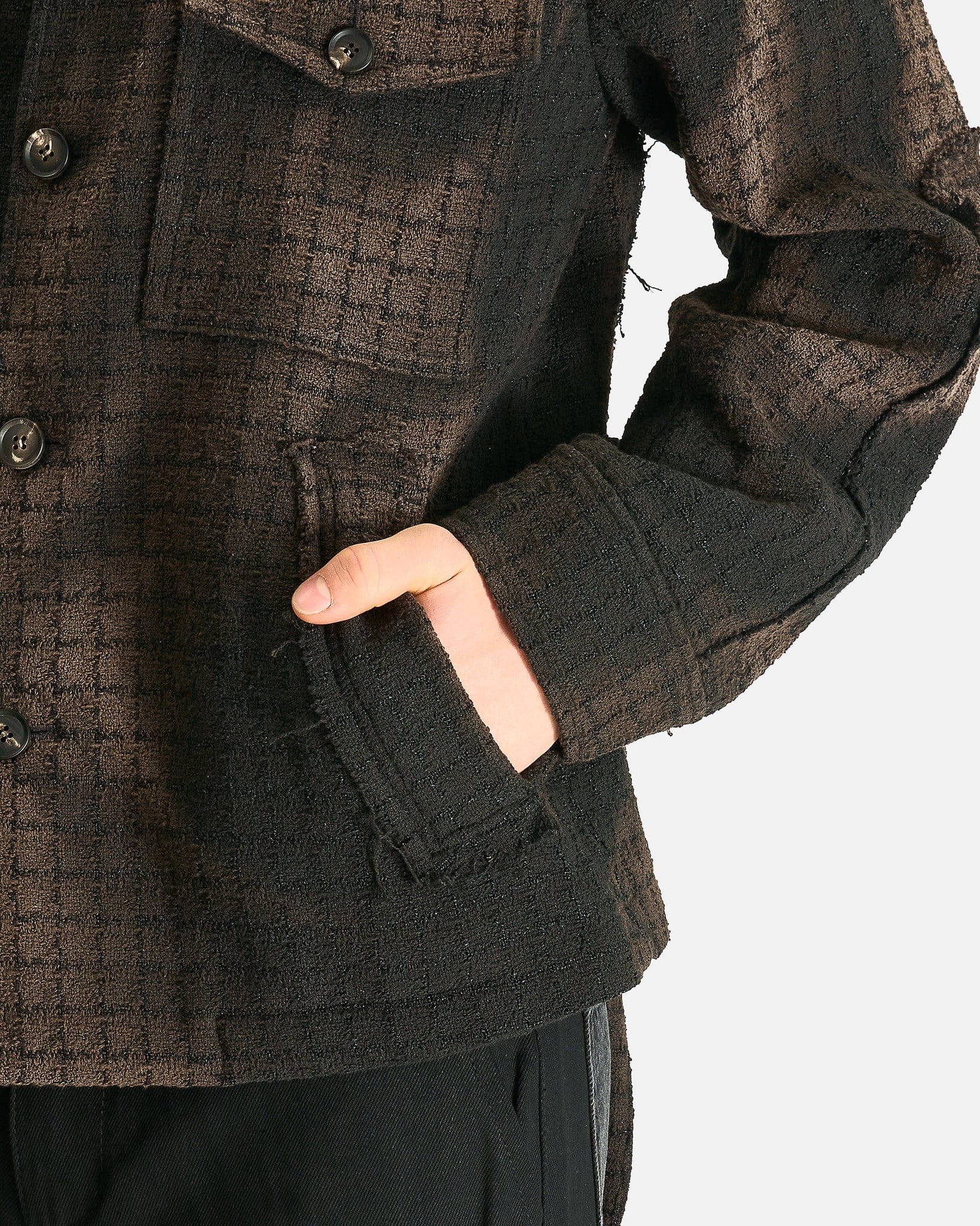 JiyongKim Men's Shirts Sun-Bleached Collarless Tweed Jacket in Black