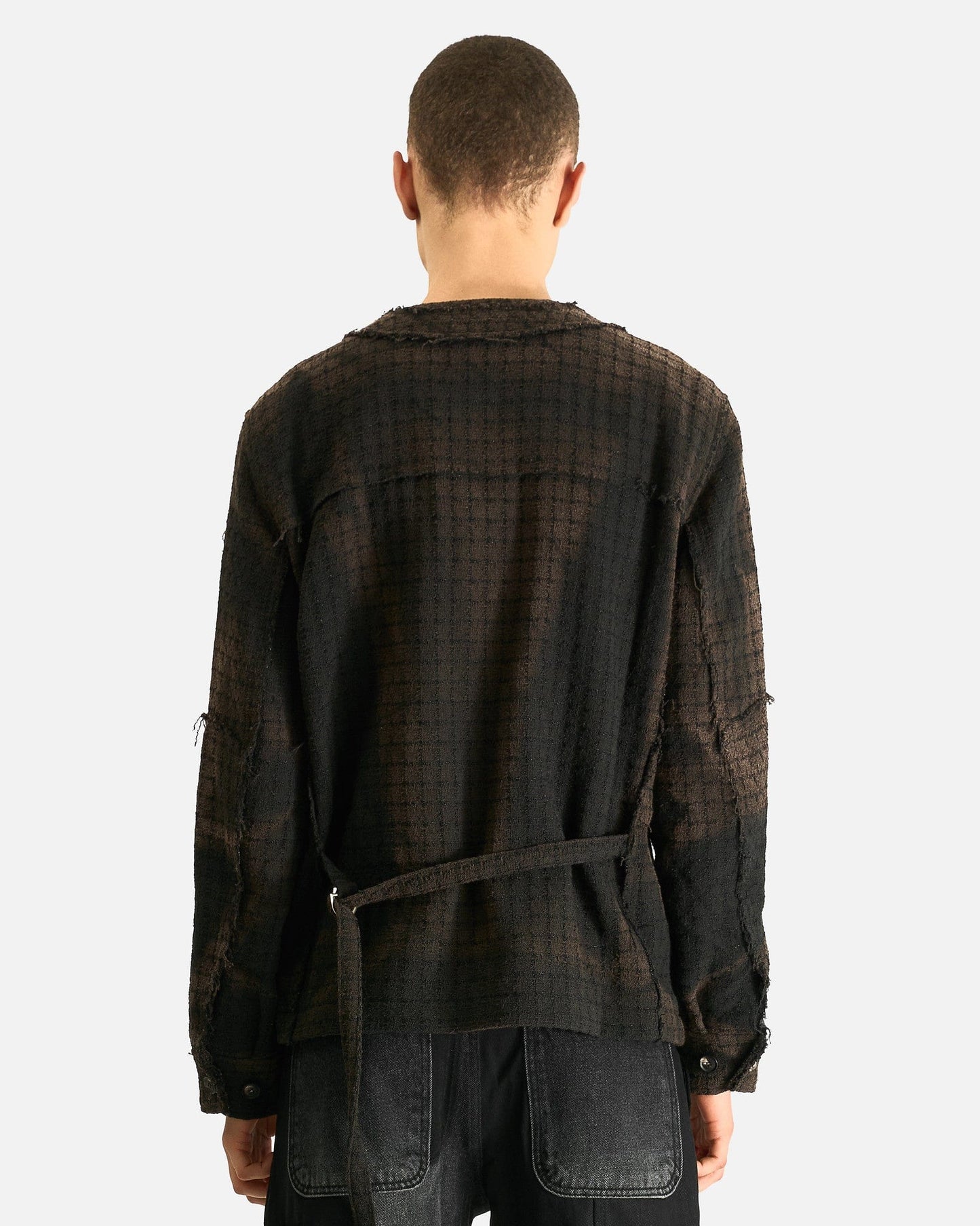 JiyongKim Men's Shirts Sun-Bleached Collarless Tweed Jacket in Black