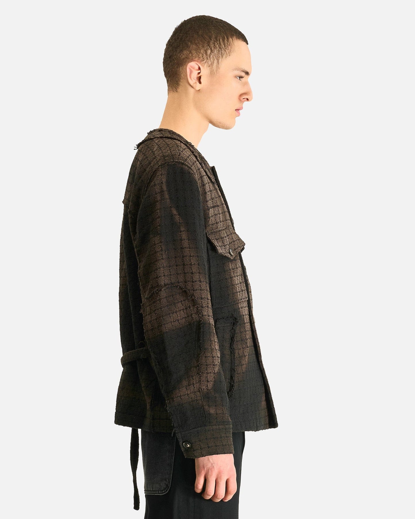 JiyongKim Men's Shirts Sun-Bleached Collarless Tweed Jacket in Black