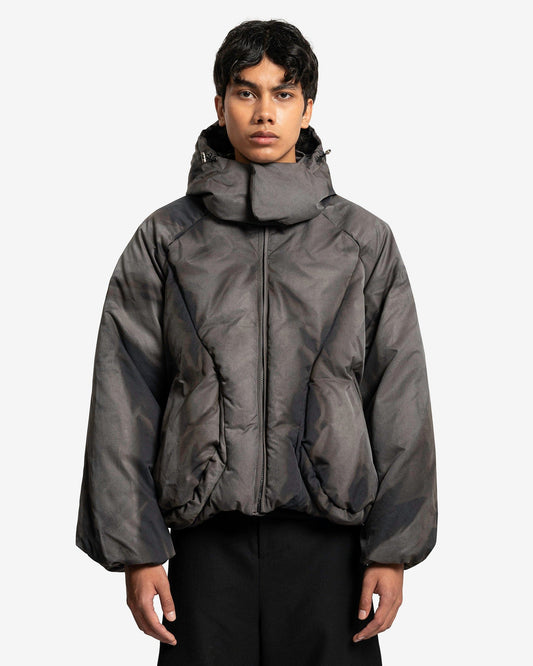 JiyongKim Men's Jackets Sun Bleached Draped Down Jacket in Dark Grey Cotton