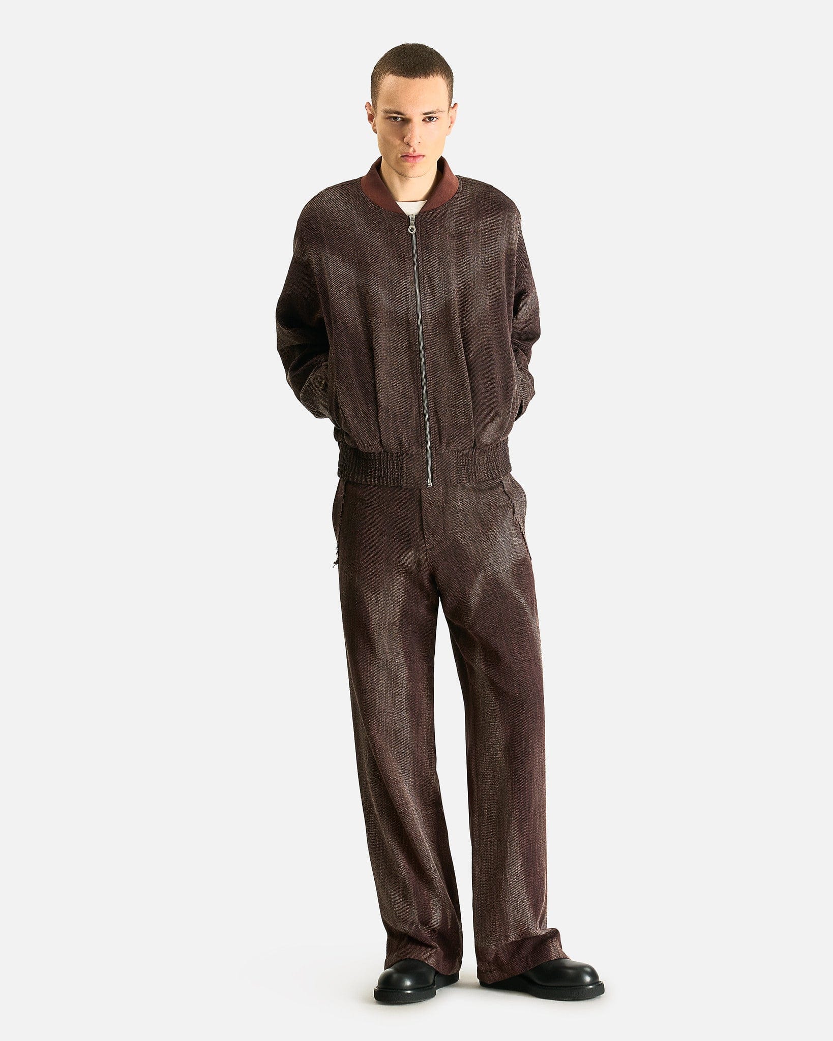 JiyongKim Men's Jackets Sun-Bleached Pleated Bomber in Brown