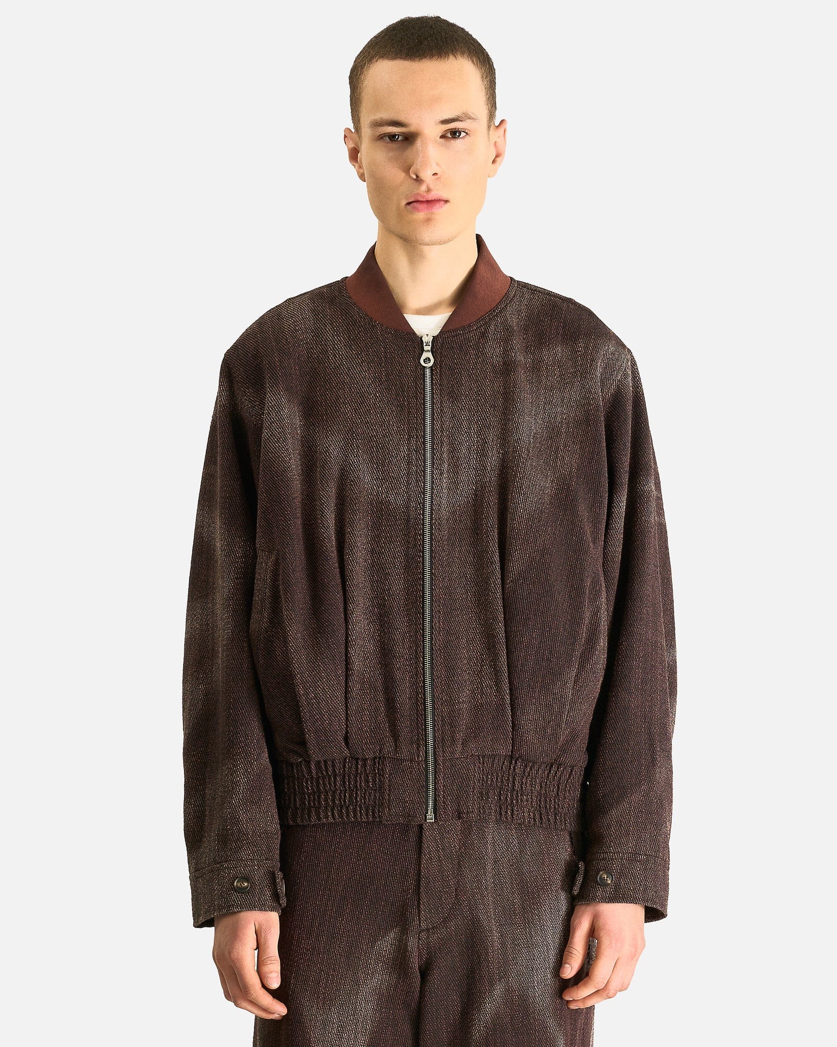 JiyongKim Men's Jackets Sun-Bleached Pleated Bomber in Brown