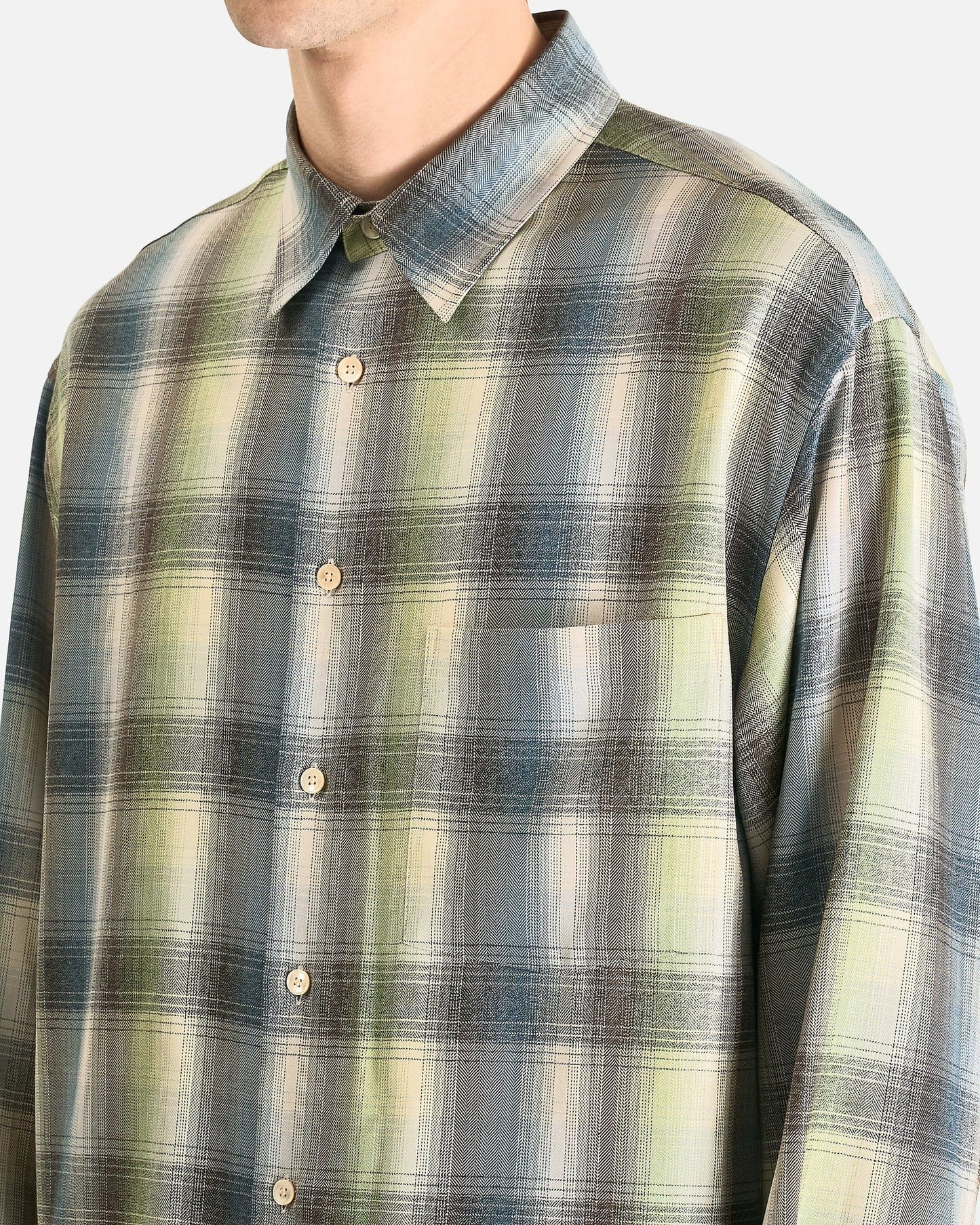 Auralee Men's Shirts Super Light Wool Check Shirt Blue Green Check