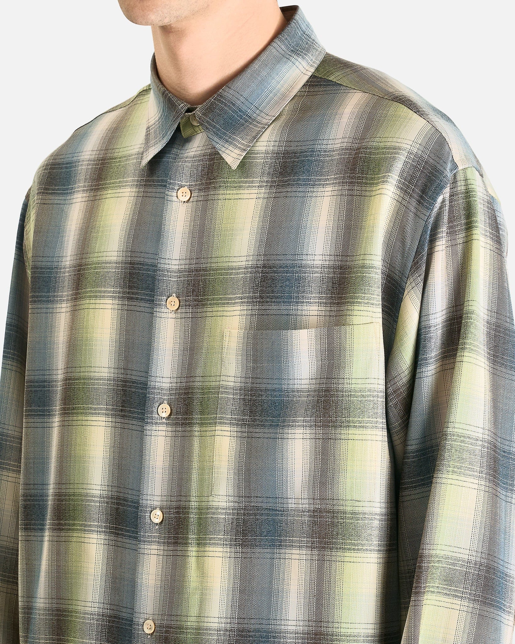 Auralee Men's Shirts Super Light Wool Check Shirt Blue Green Check