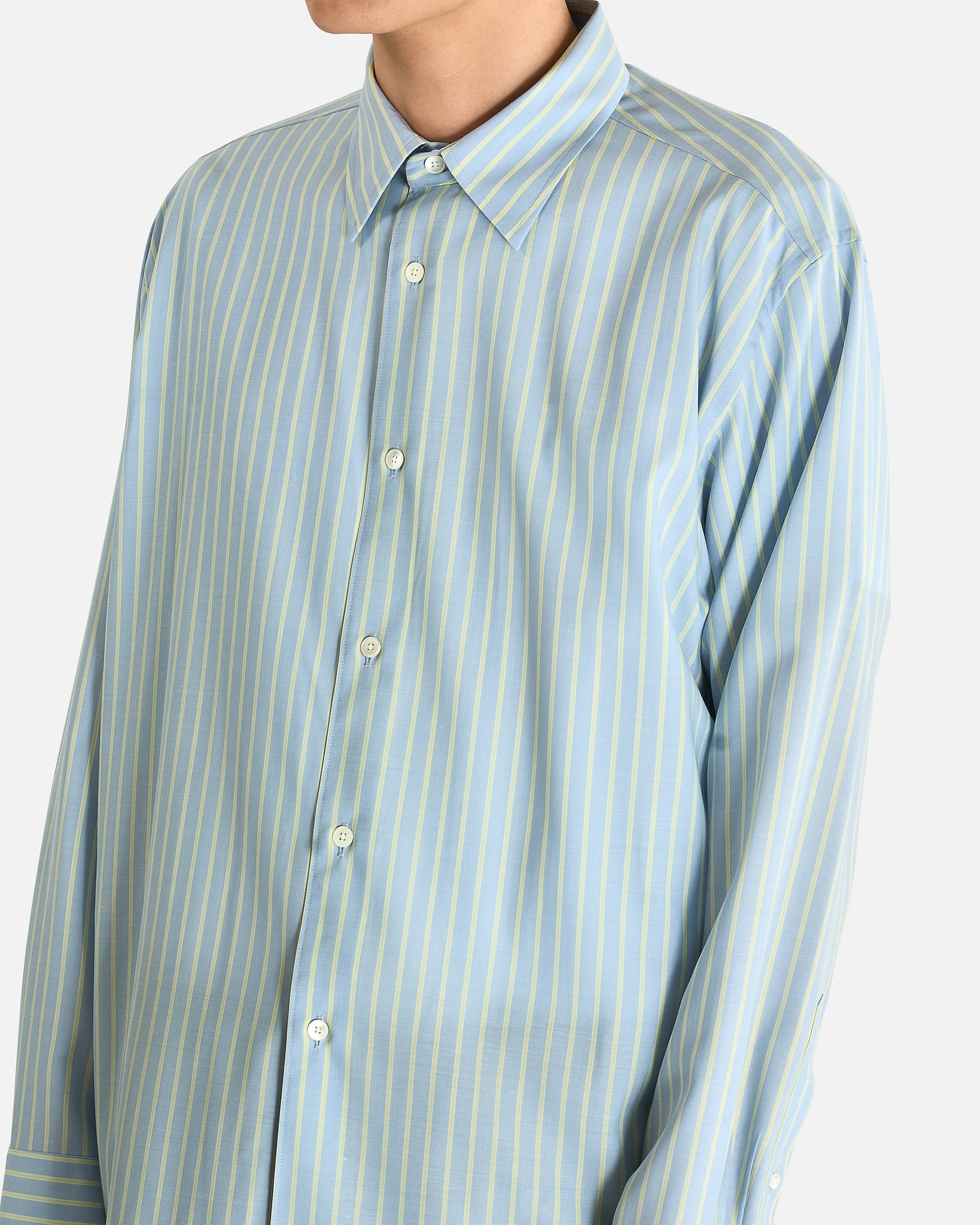 Auralee Men's Shirts Superfine Wool Shirt in Sax Blue/Lime Stripe