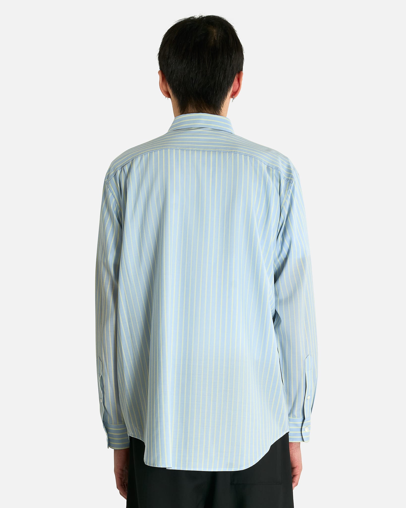 Auralee Men's Shirts Superfine Wool Shirt in Sax Blue/Lime Stripe