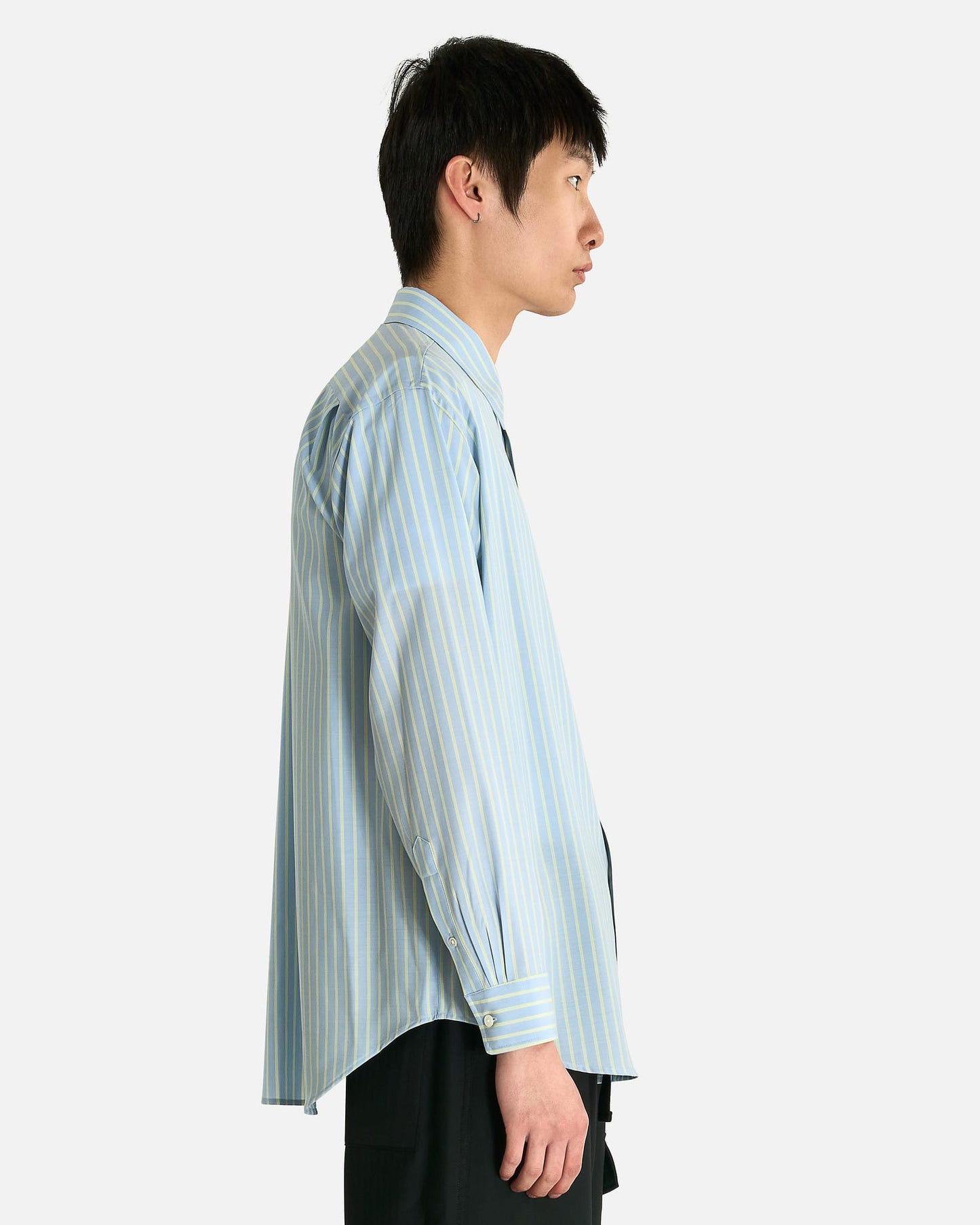 Auralee Men's Shirts Superfine Wool Shirt in Sax Blue/Lime Stripe