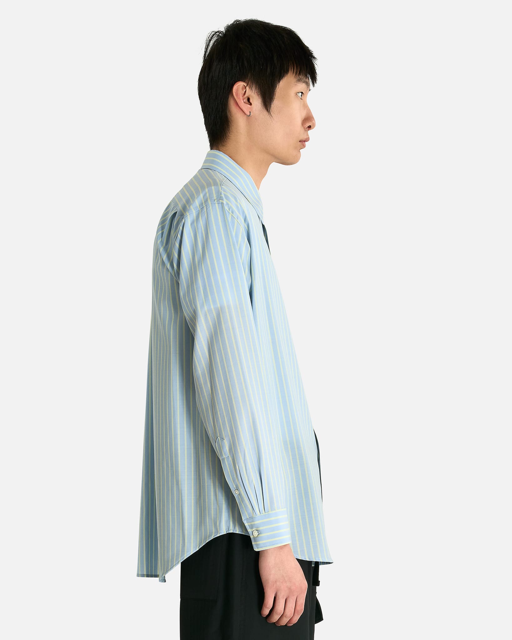Auralee Men's Shirts Superfine Wool Shirt in Sax Blue/Lime Stripe