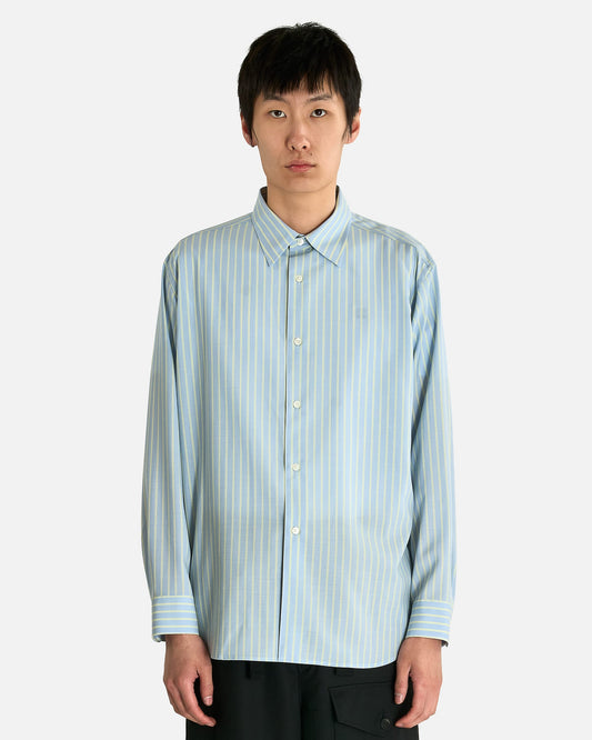 Auralee Men's Shirts Superfine Wool Shirt in Sax Blue/Lime Stripe