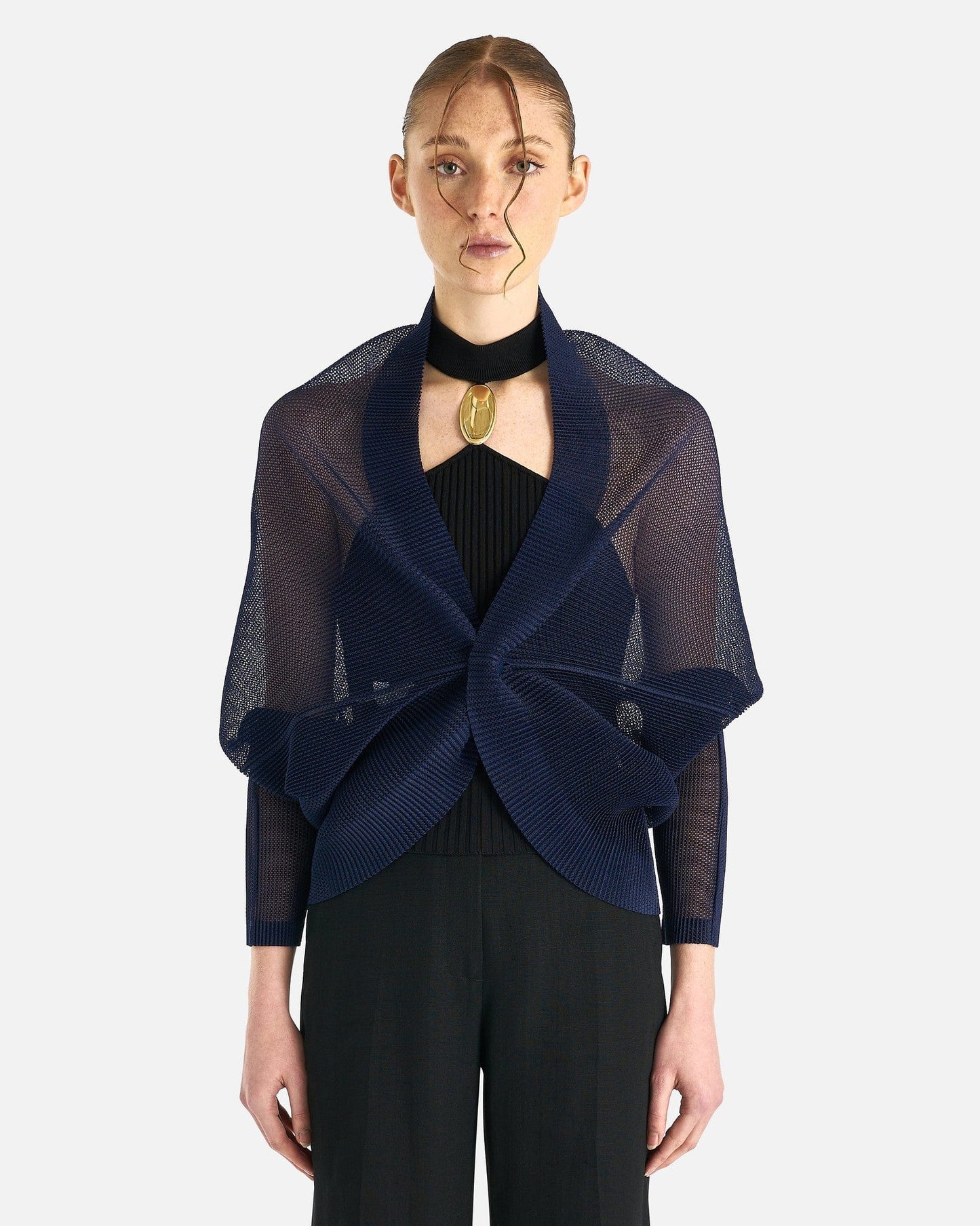 Pleats Please Issey Miyake Women Sweaters O/S Tatami August Cardigan in Dark Navy
