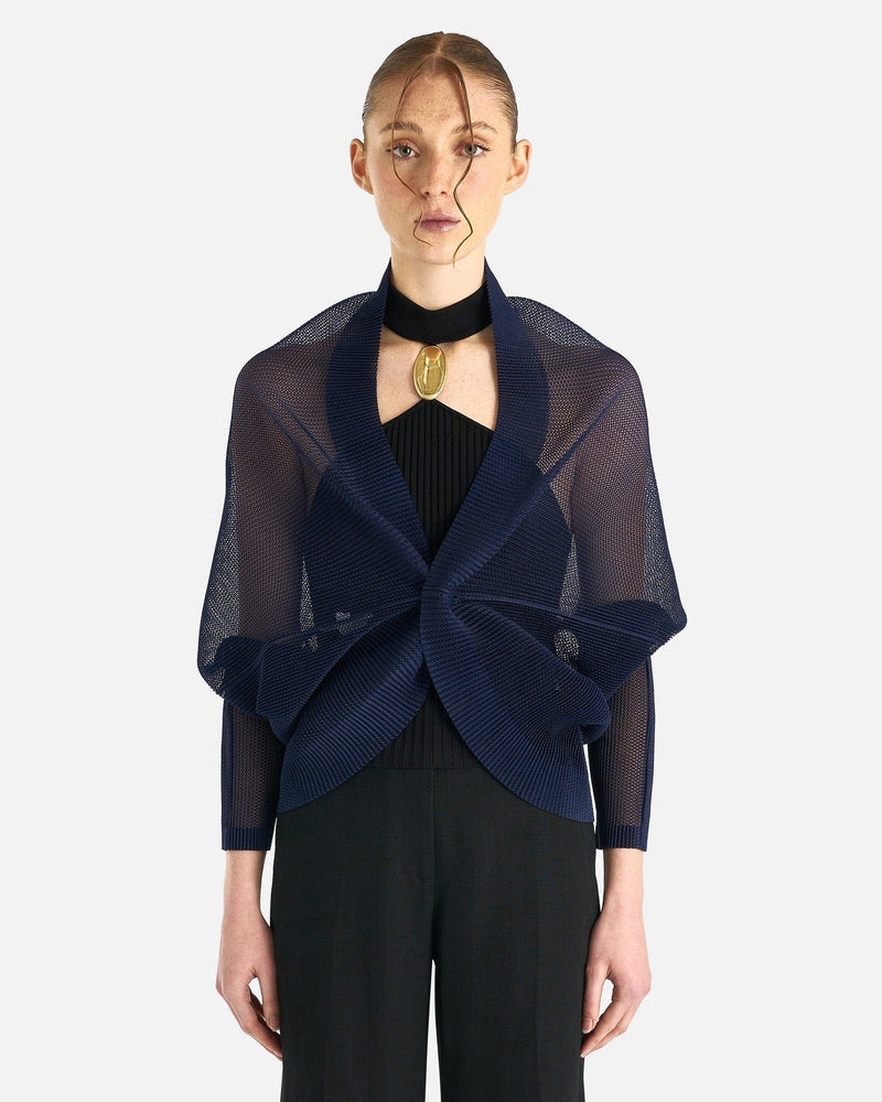 Pleats Please Issey Miyake Women Sweaters O/S Tatami August Cardigan in Dark Navy