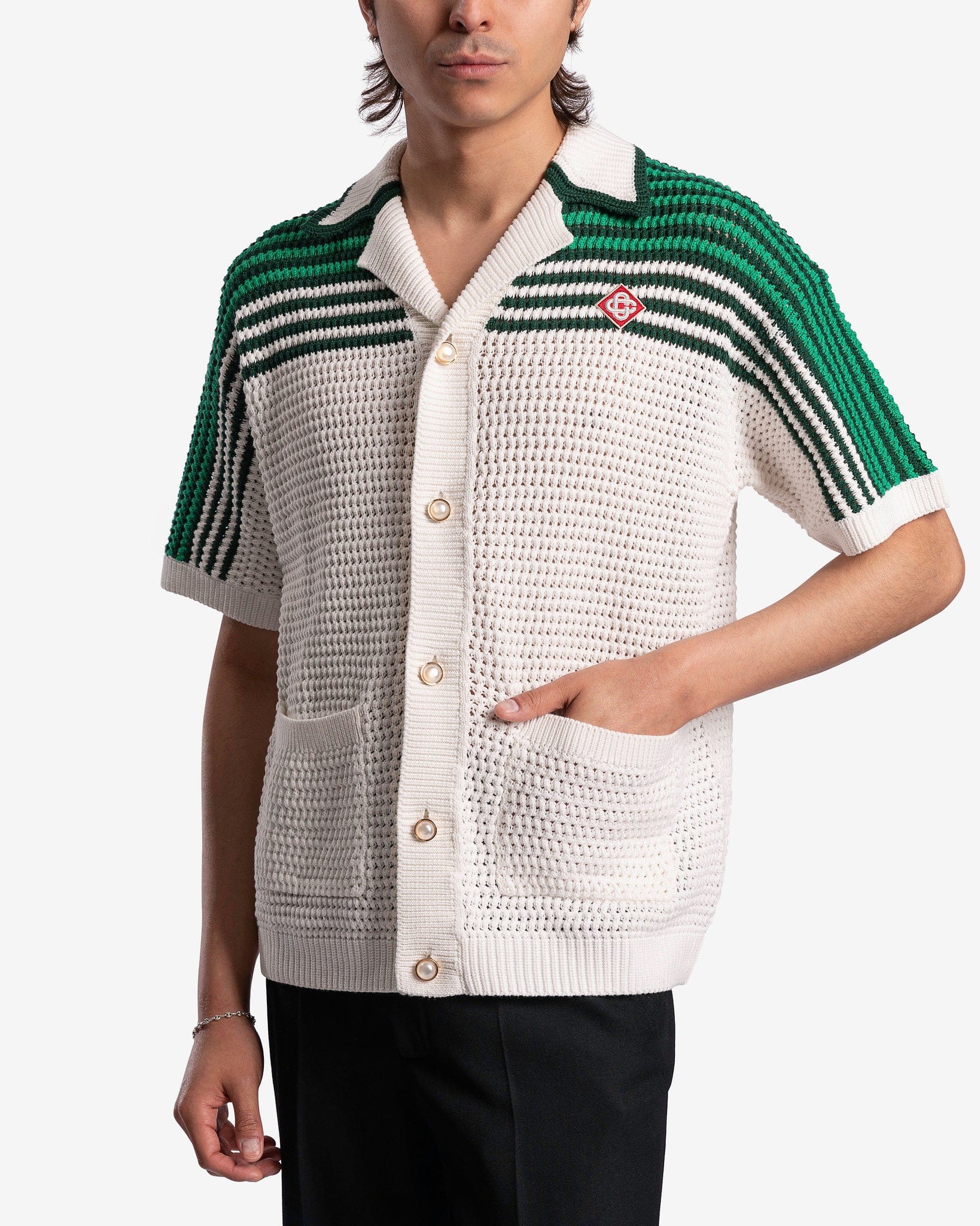 Casablanca Men's Shirts Tennis Crochet Shirt in Green/White