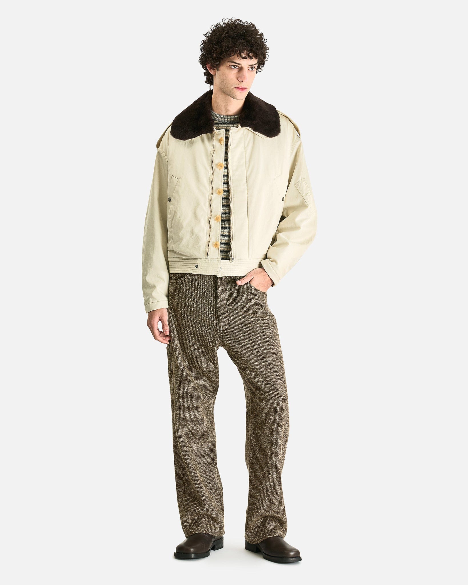 Auralee Men's Jackets Washed Finx Cotton Gabardine Flight Blouson in Ivory