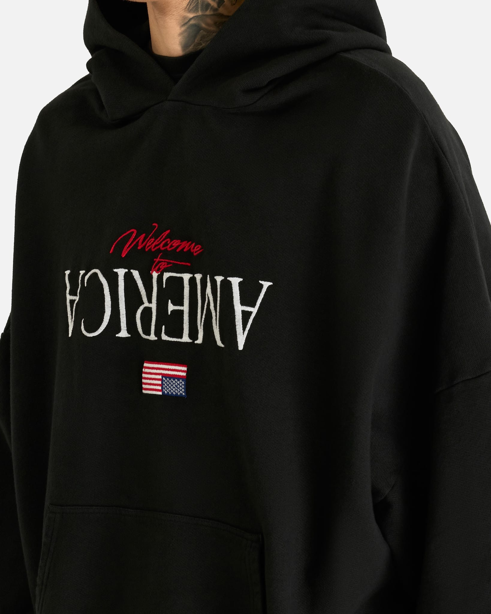 Willy Chavarria Men's Sweatshirts Welcome to America Hooligan Hoodie in Black