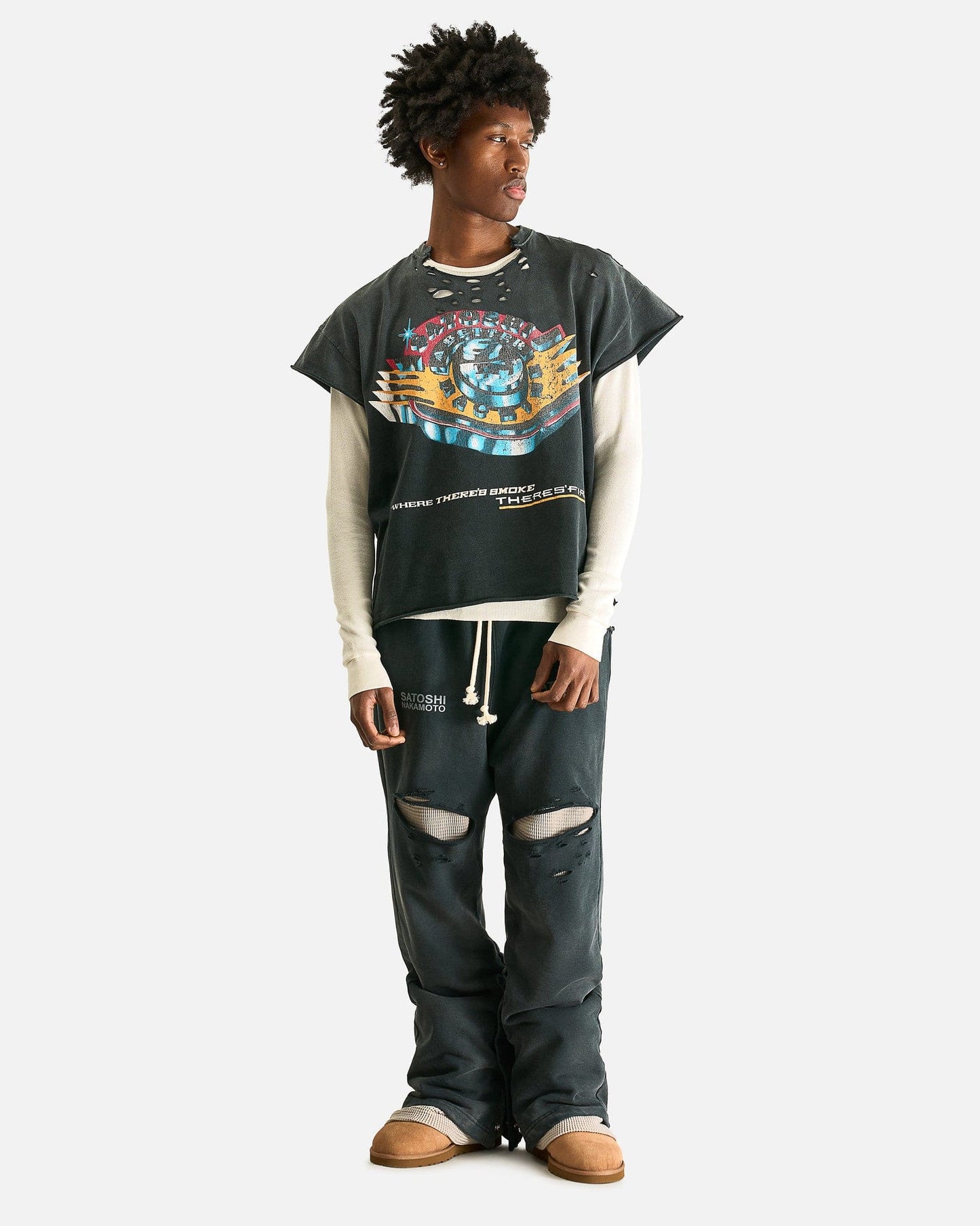 Satoshi Nakamoto Men's Shirts Where There's Smoke Thermal Tee in Washed Black