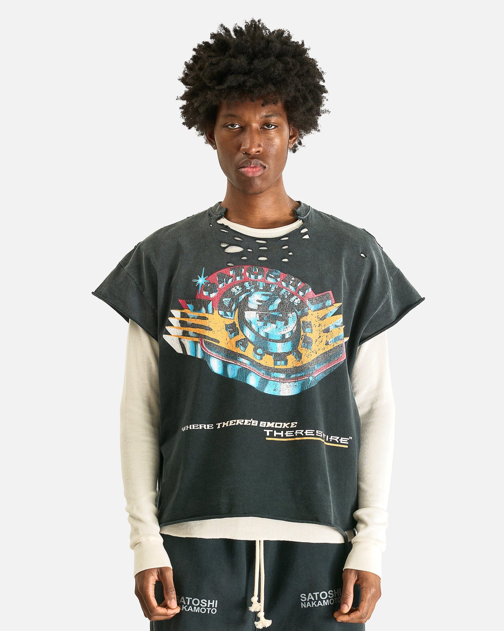 Satoshi Nakamoto Men's Shirts Where There's Smoke Thermal Tee in Washed Black