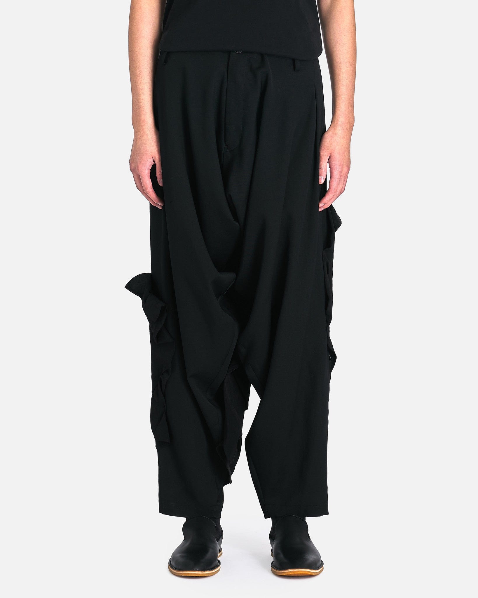 Yohji Yamamoto Pour Homme Men's Pants Wool Gabardine Deco Draped Pants in Black