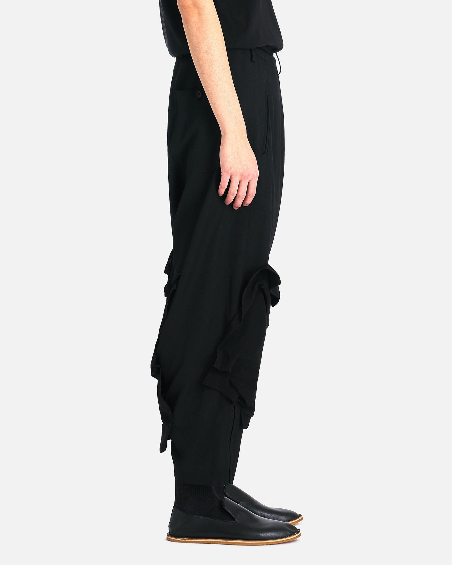 Yohji Yamamoto Pour Homme Men's Pants Wool Gabardine Deco Draped Pants in Black