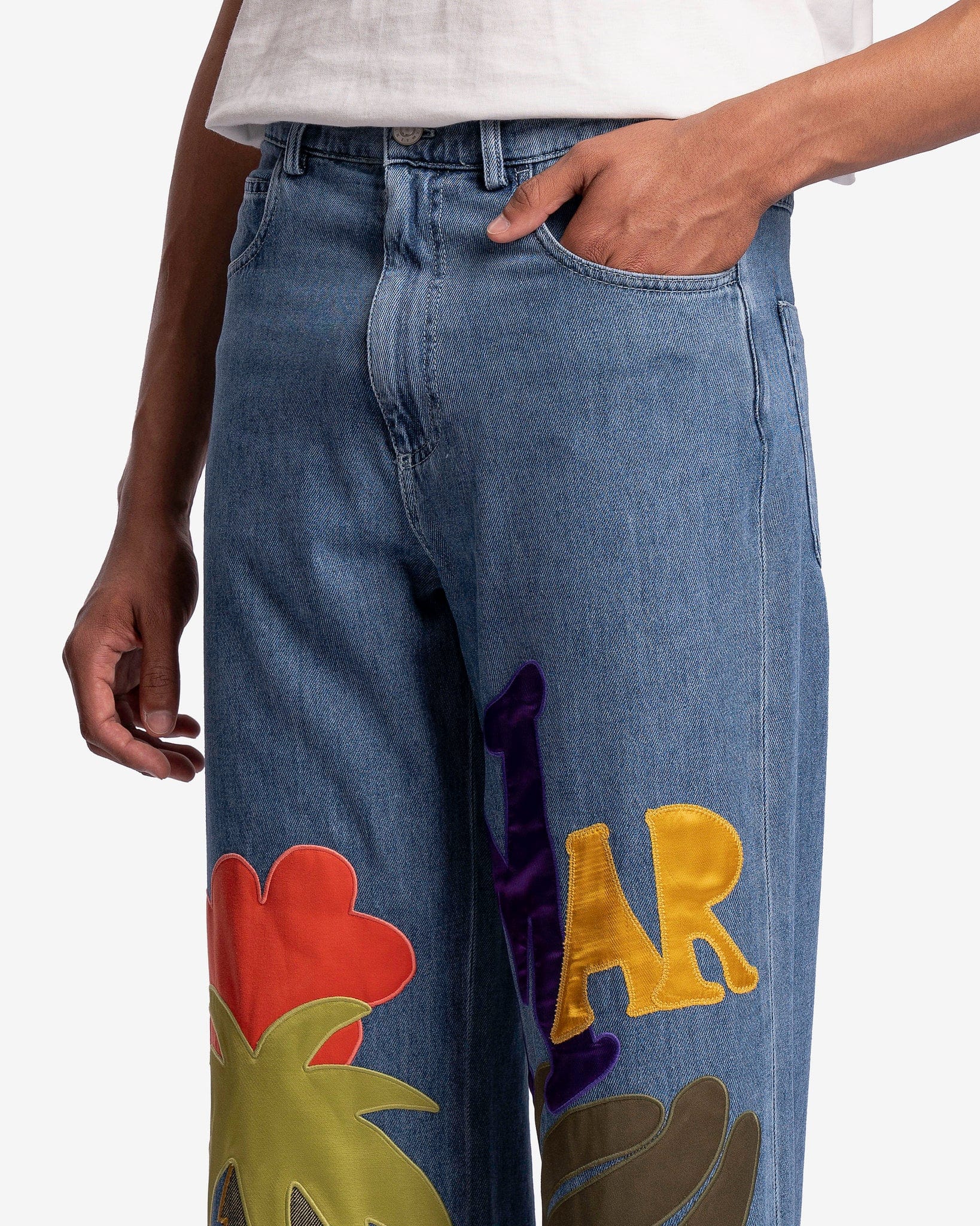 Worn Applique Detailed Denim in Iris Blue