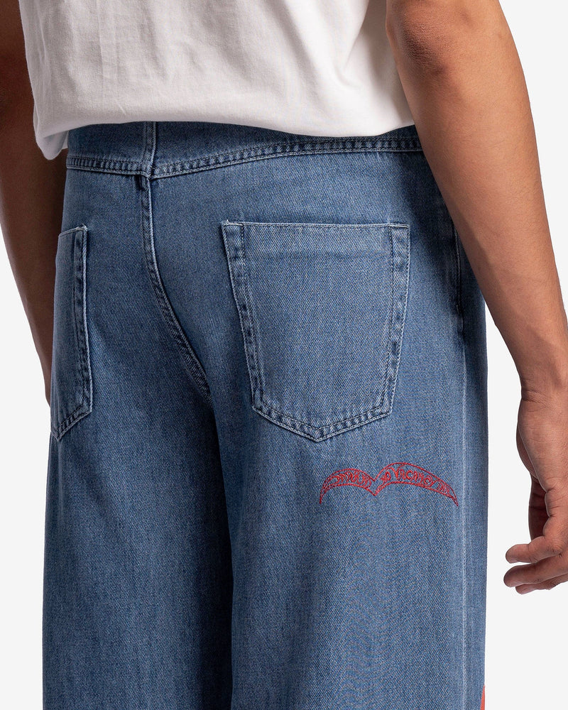 Worn Applique Detailed Denim in Iris Blue