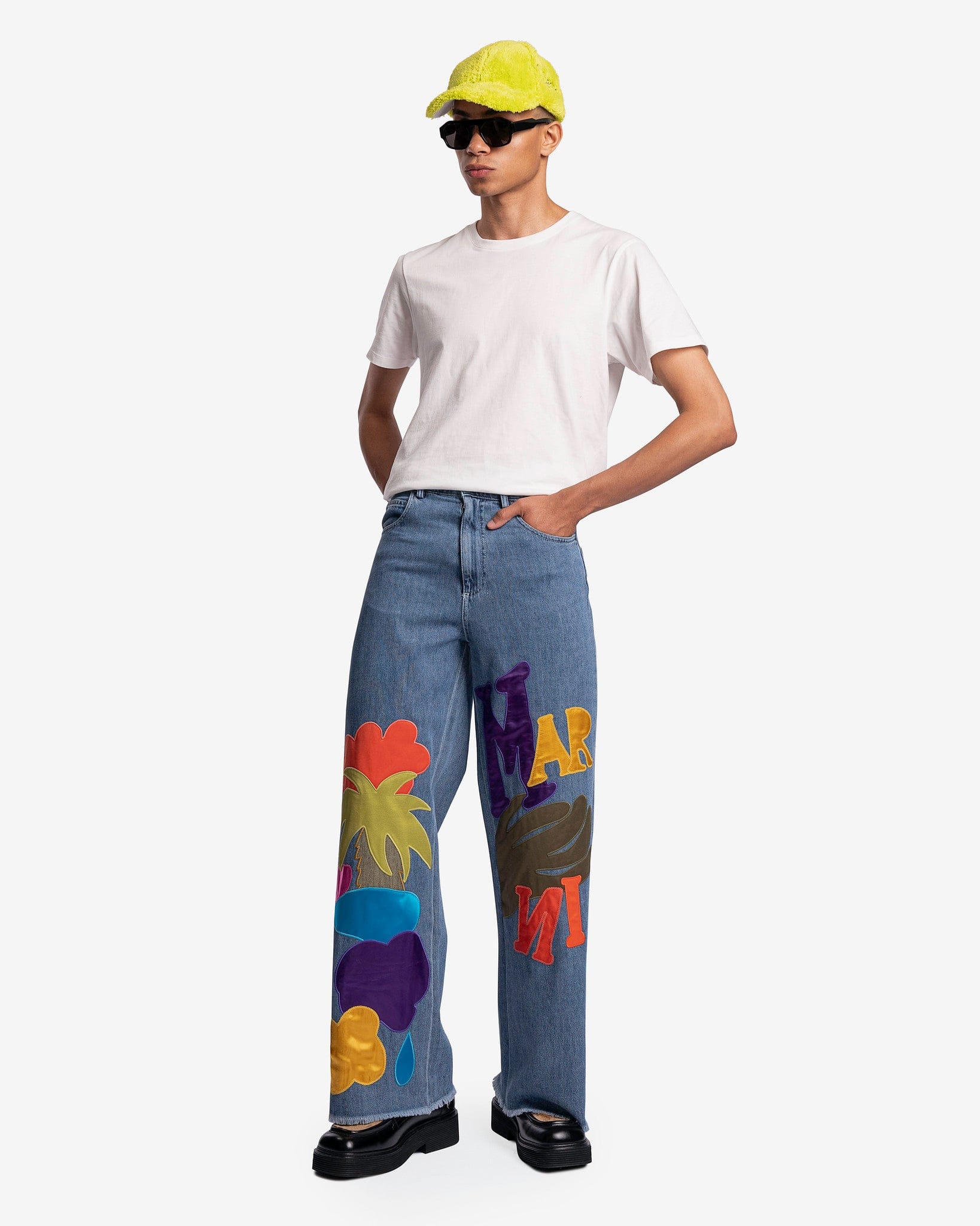 Worn Applique Detailed Denim in Iris Blue