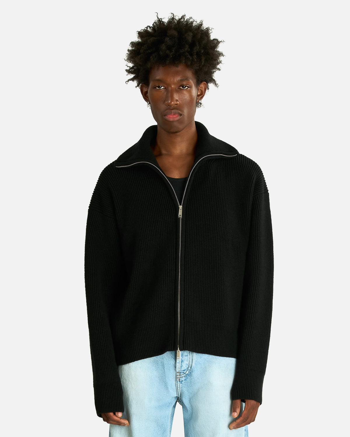 Studio Nicholson Men's Knitwear Zip Through Ribbed Jumper in Black