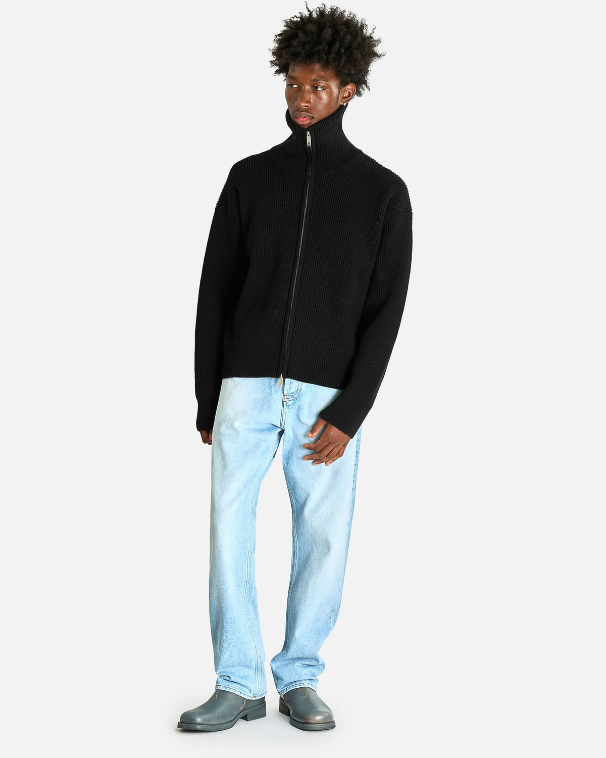 Studio Nicholson Men's Knitwear Zip Through Ribbed Jumper in Black
