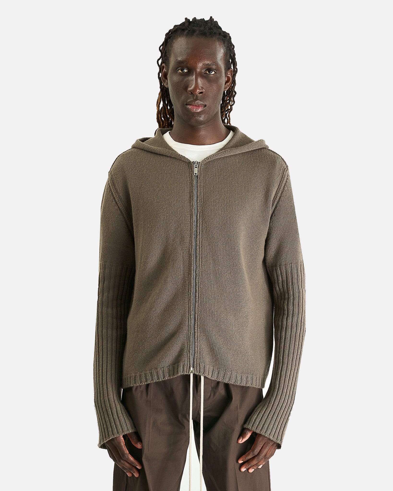 Rick Owens Men Sweaters Zipped Hoodie in Dust