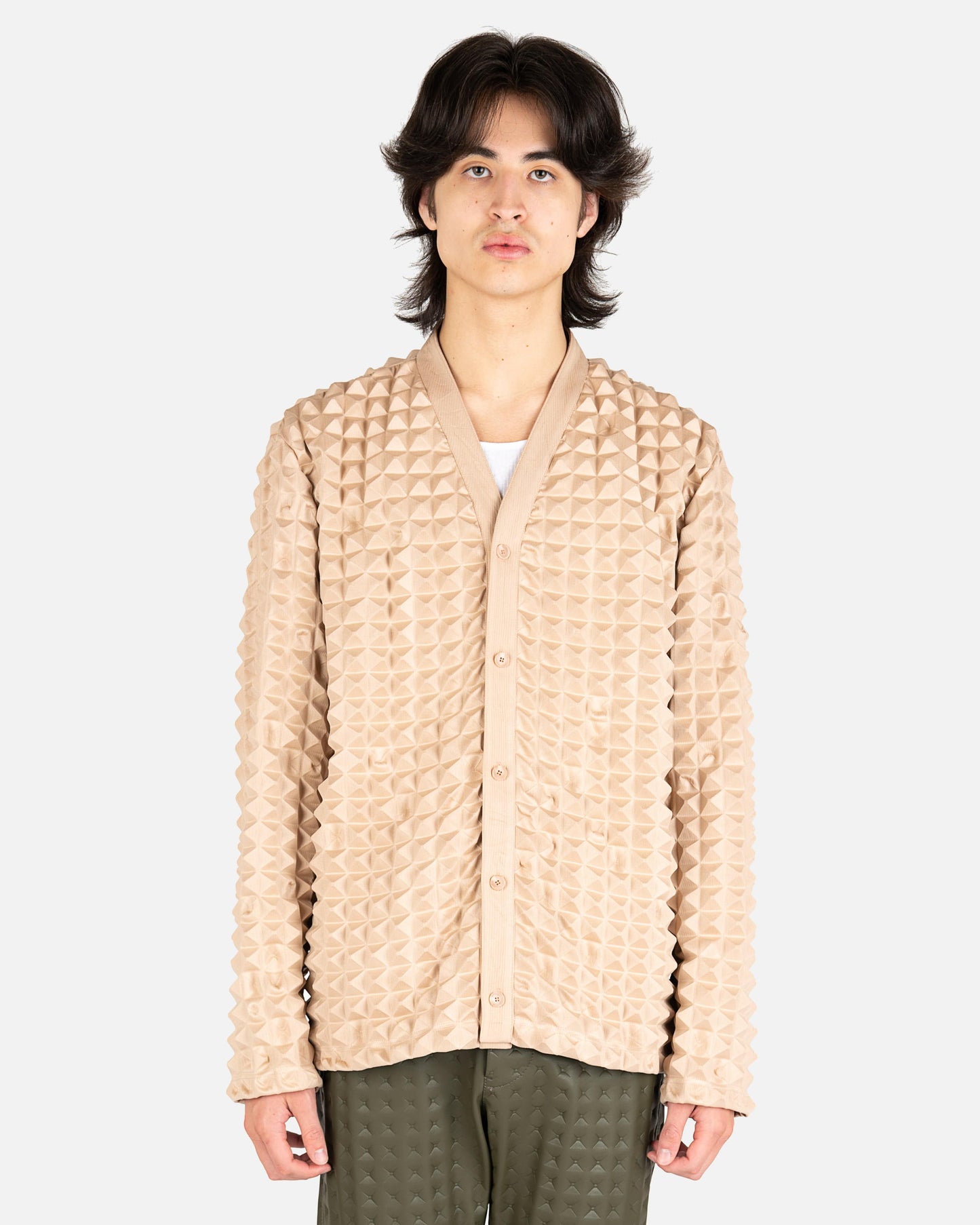 KANGHYUK mens sweater 2.5 Pyramid Embossed Jersey Cardigan in Beige