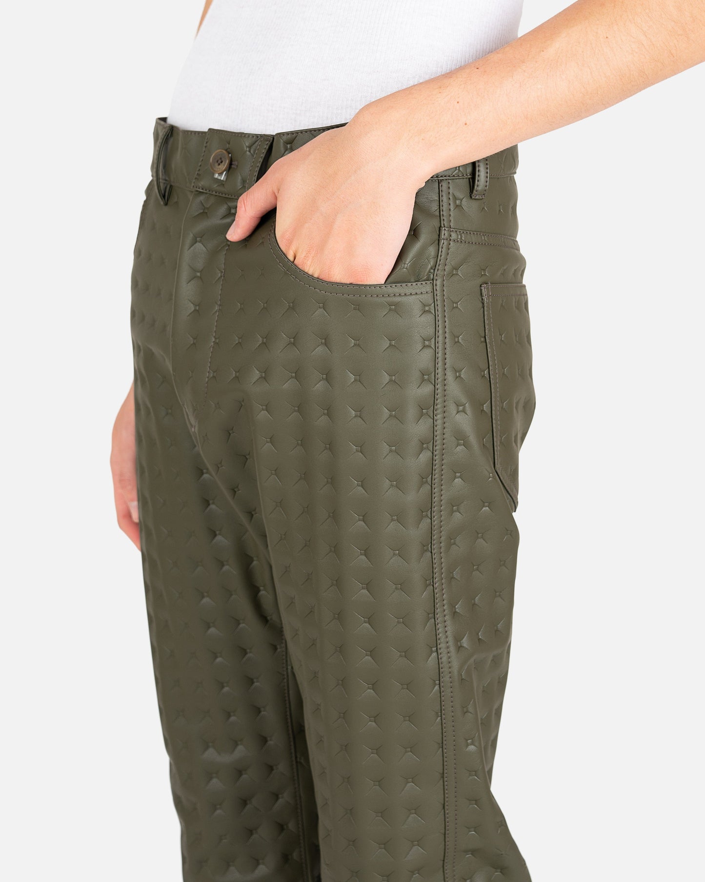 KANGHYUK Men's Pants 2.5 Pyramid Engraved Straight Cut Vegan Leather Trousers in Khaki