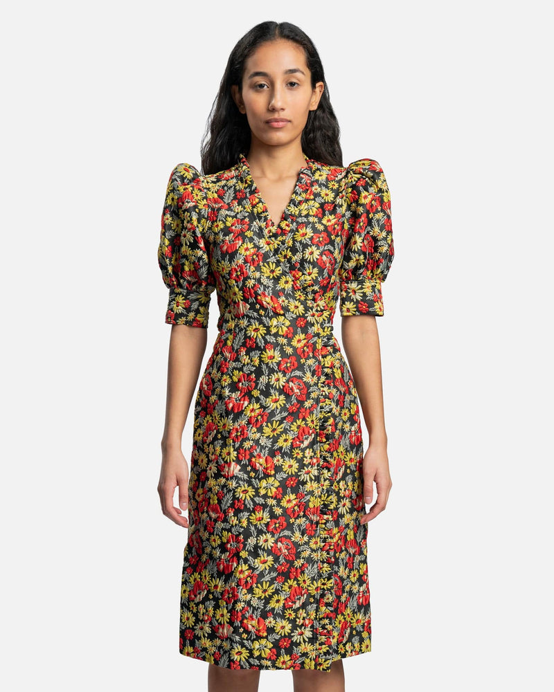 ganni dresses 3D Jacquard Wrap Ruffle Dress in Meadow Black – SVRN