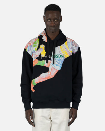 JW Anderson Men's Sweatshirts Classic Rugby Print Hoodie in Black