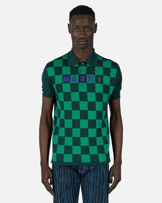 Marni Men's Shirts Athletic Knit Checkerboard Polo in Musk
