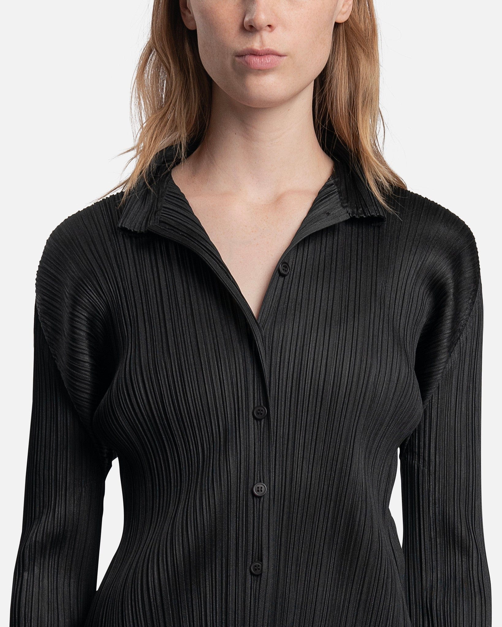 Pleats Please Issey Miyake Women Tops Basics Button Shirt in Black