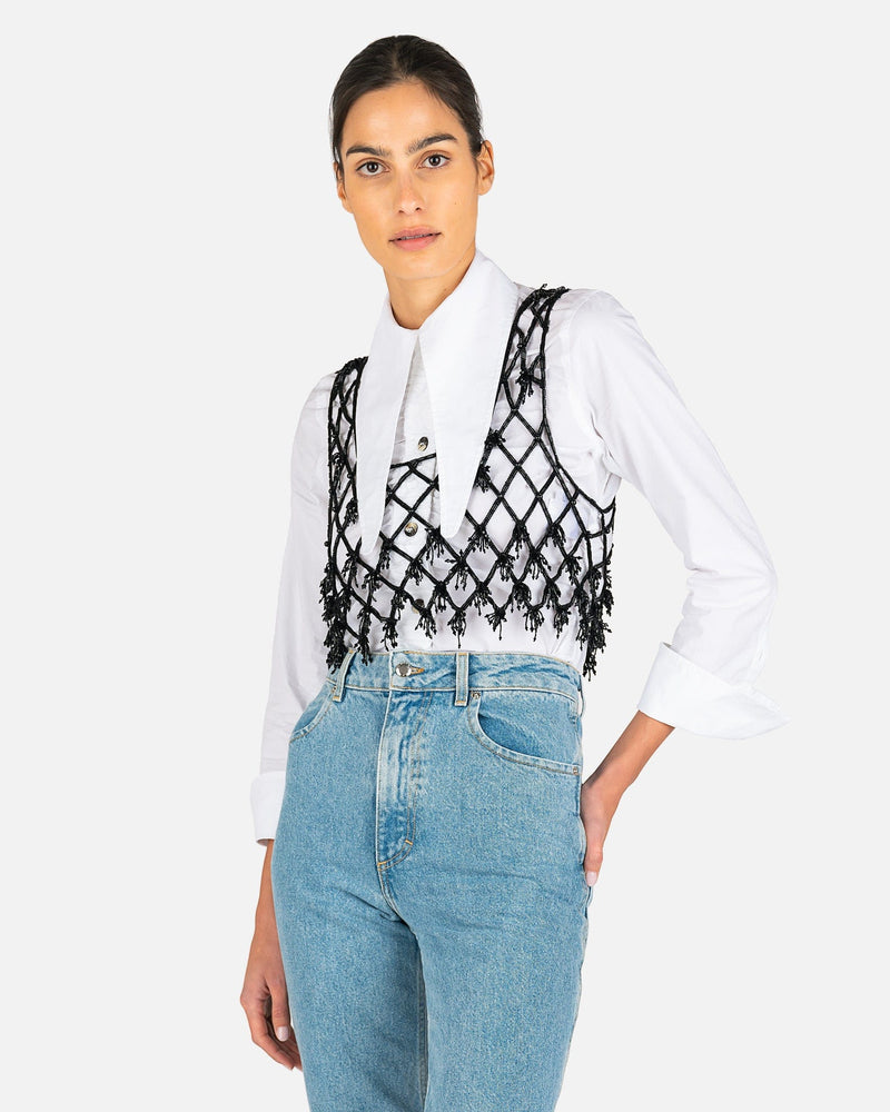 Ganni Women Tops Beaded Netting Crop Top in Black
