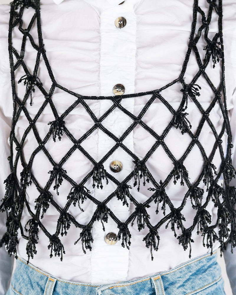 Ganni Women Tops Beaded Netting Crop Top in Black