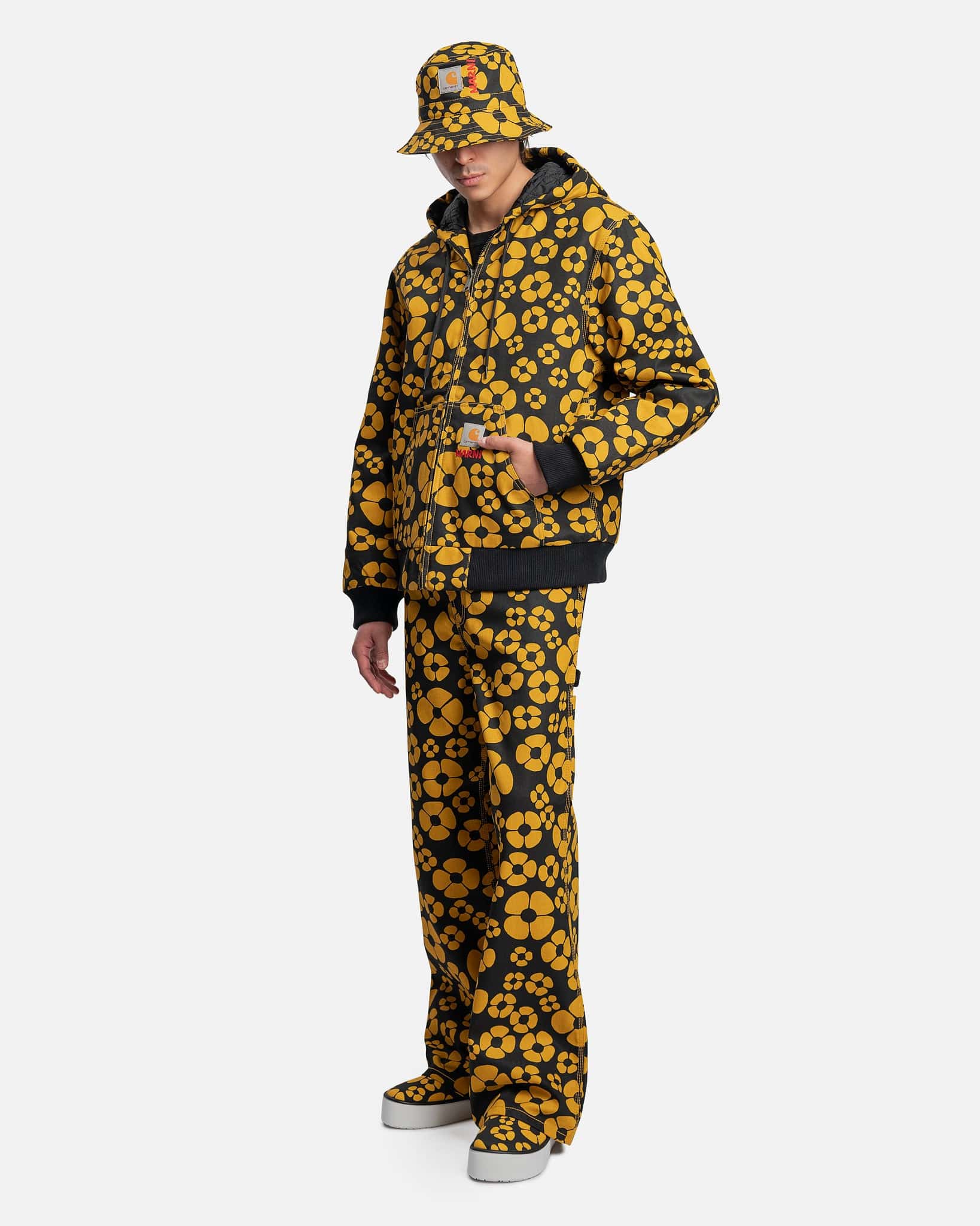 Carhartt WIP Flower Print Cotton Canvas Hooded Jacket in Sunflower