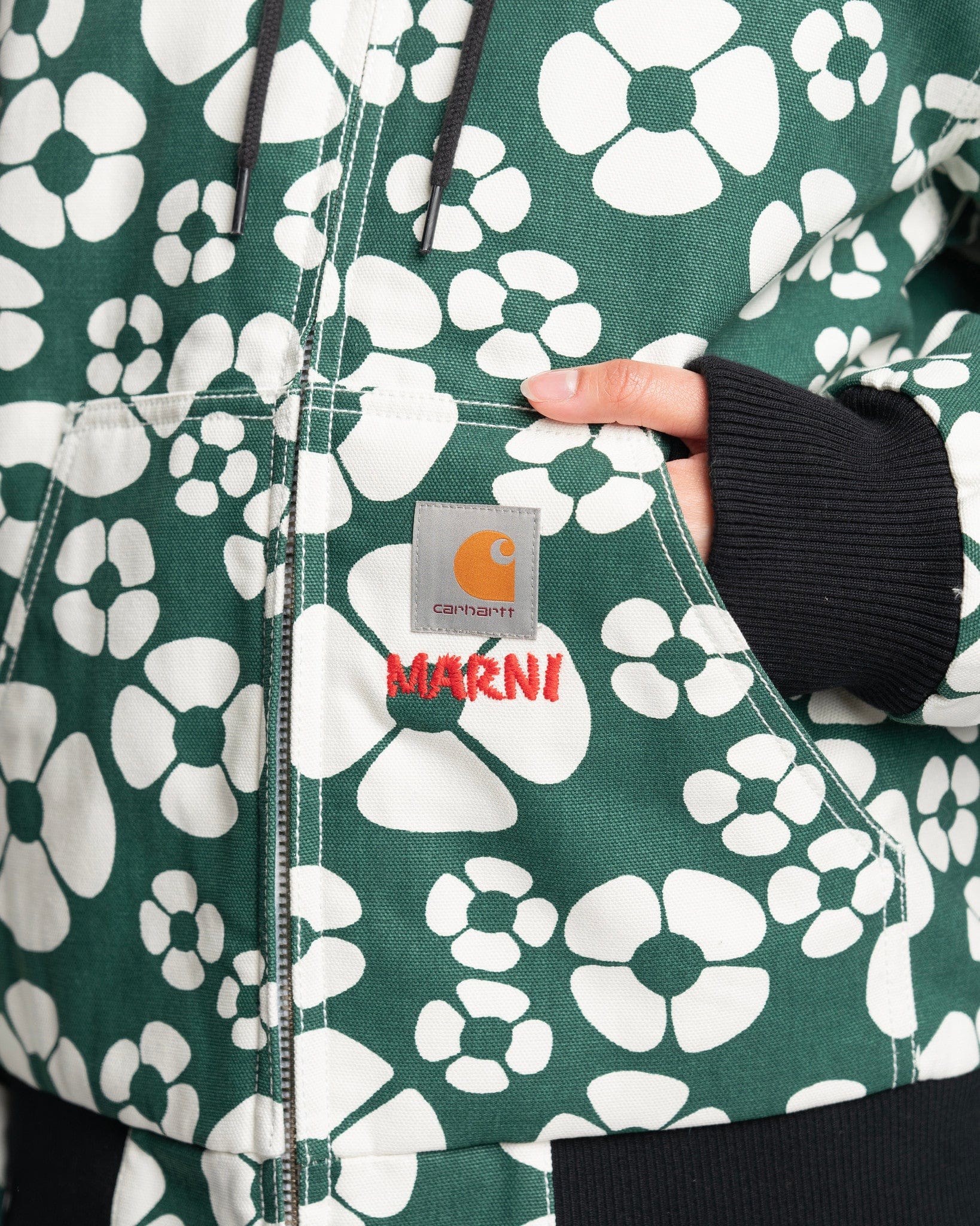 Carhartt WIP Flower Print Cotton Canvas Hooded Jacket in Forest