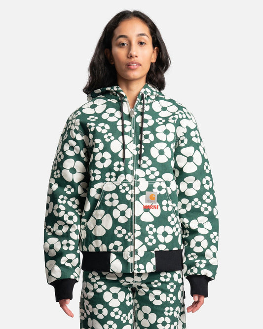 Marni Women Jackets Carhartt Flower Print Cotton Canvas Hooded Jacket in Forest Green