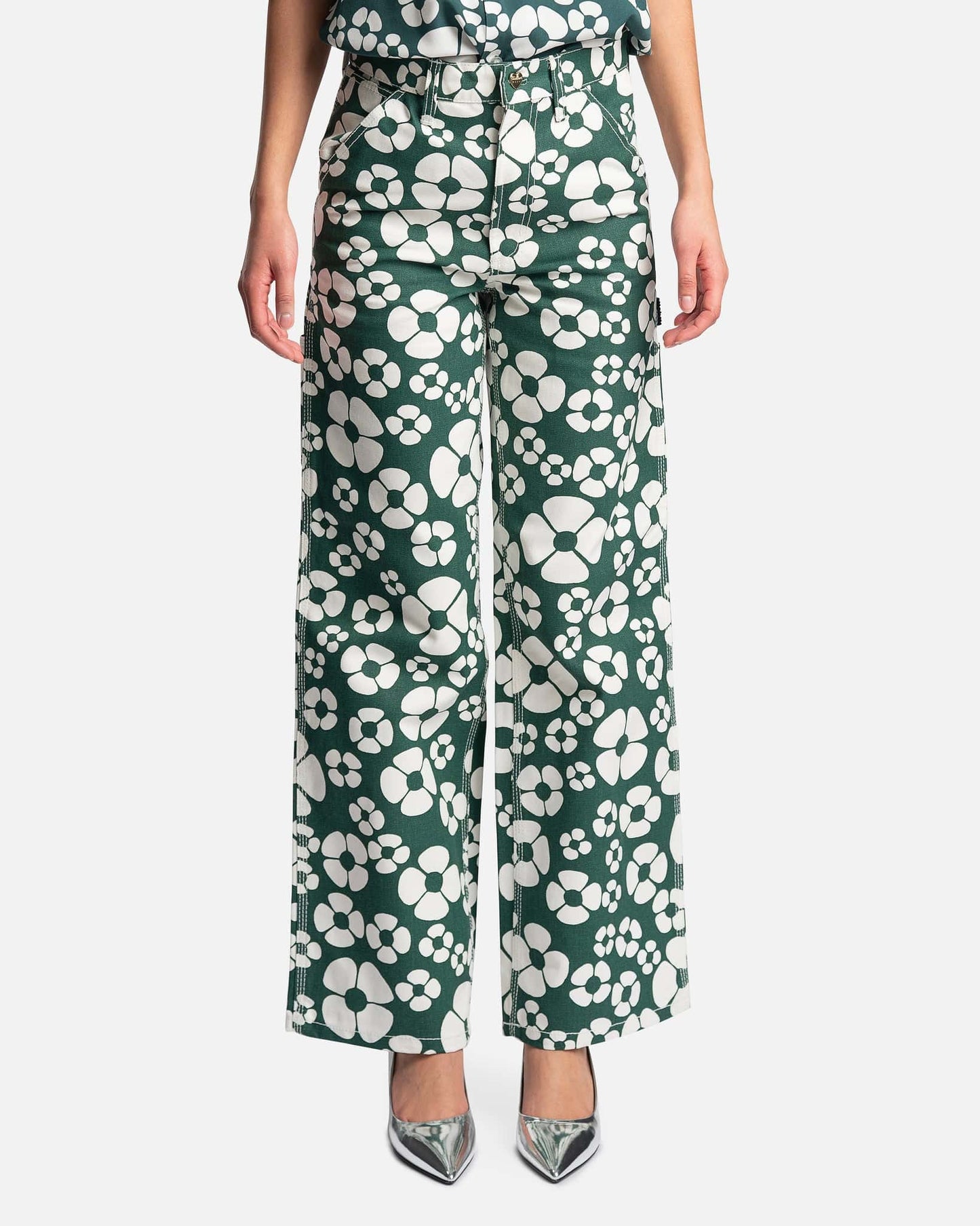 Marni Women Pants Carhartt Flower Print Cotton Canvas Trousers in Forest Green