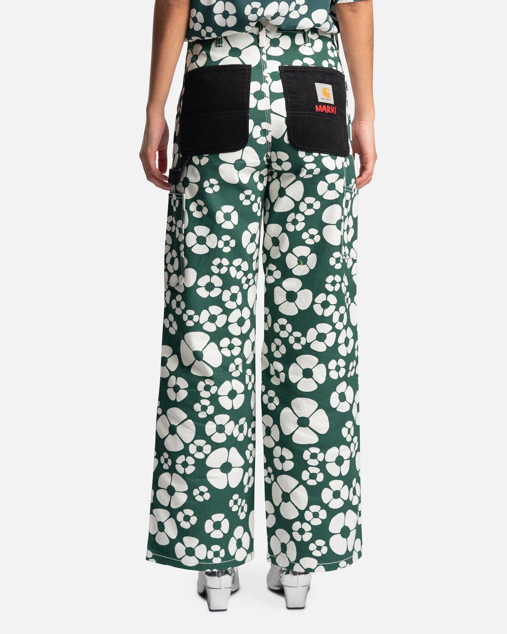 Carhartt WIP Flower Print Cotton Canvas Trousers in Forest Green