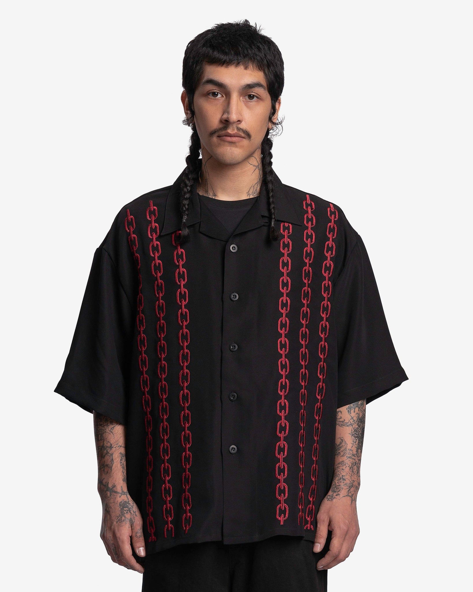 Willy Chavarria Men's Shirts Chain Embroidery Open Collar Shirt in Black