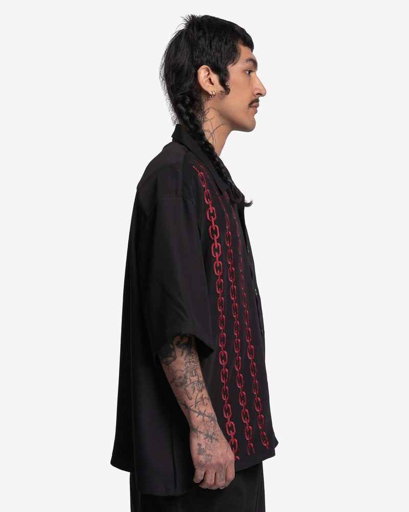 Willy Chavarria Men's Shirts Chain Embroidery Open Collar Shirt in Black