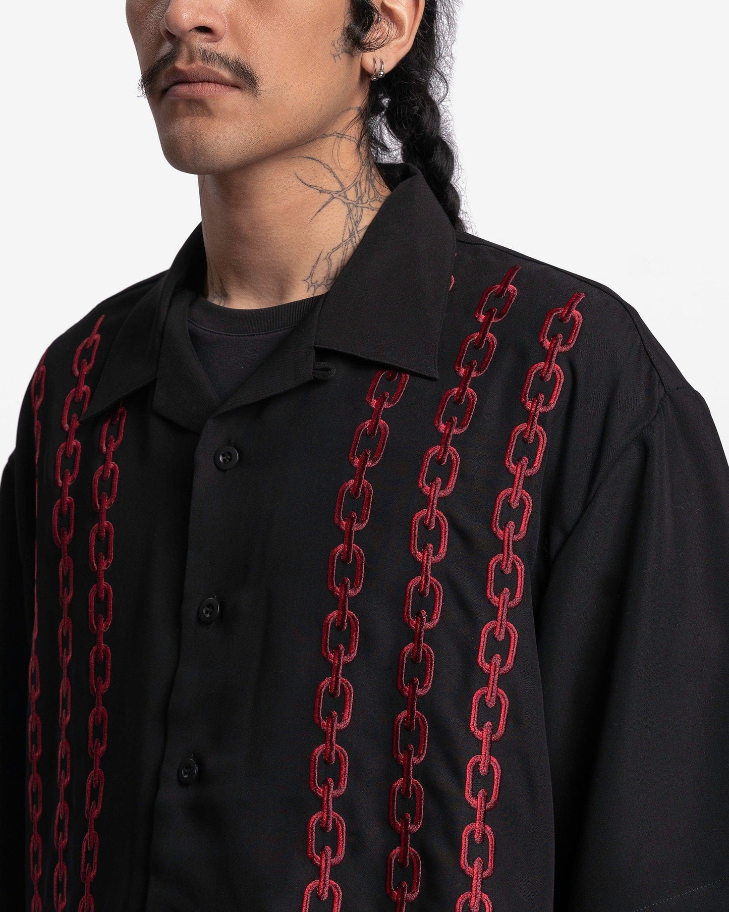 Willy Chavarria Men's Shirts Chain Embroidery Open Collar Shirt in Black