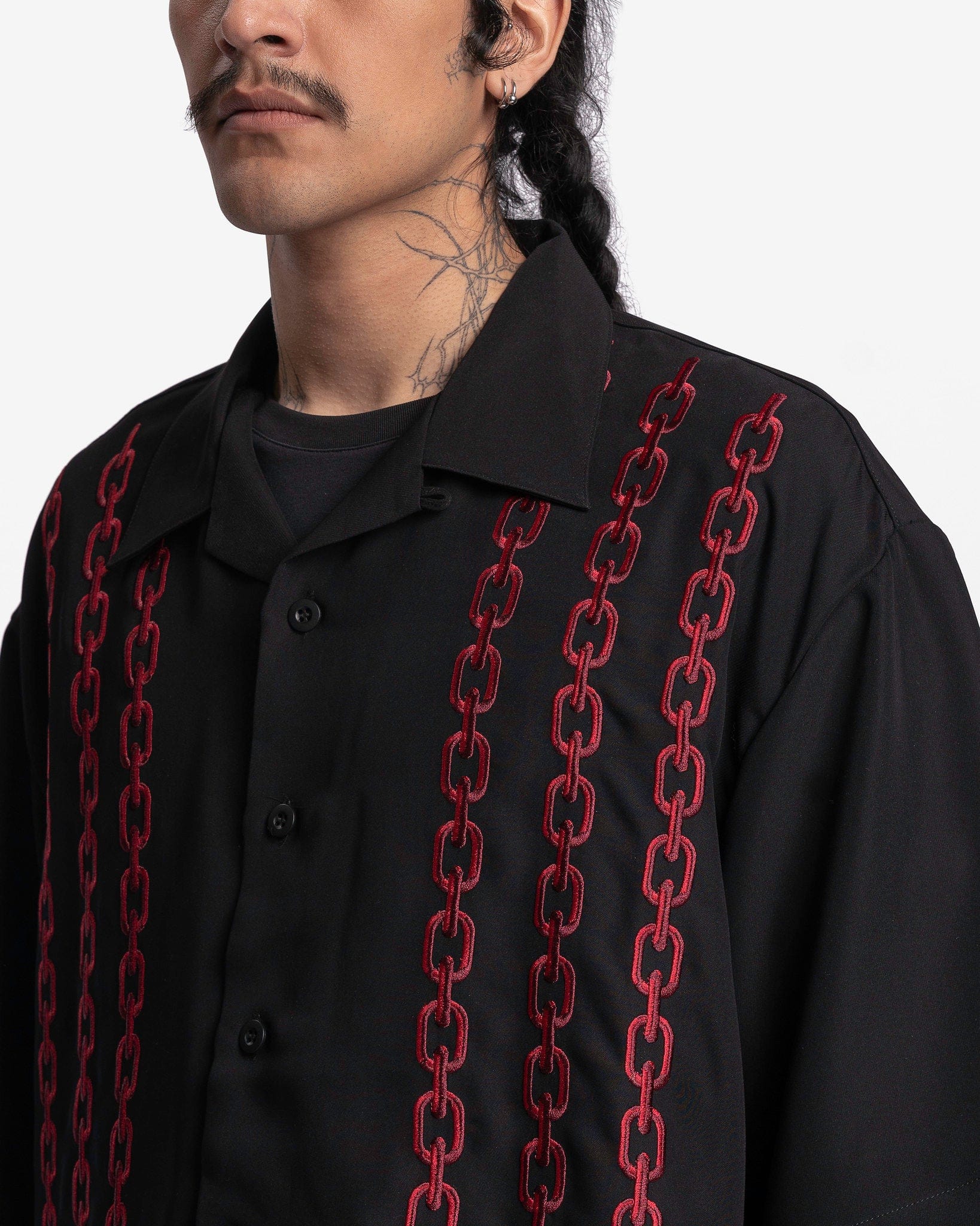 Willy Chavarria Men's Shirts Chain Embroidery Open Collar Shirt in Black