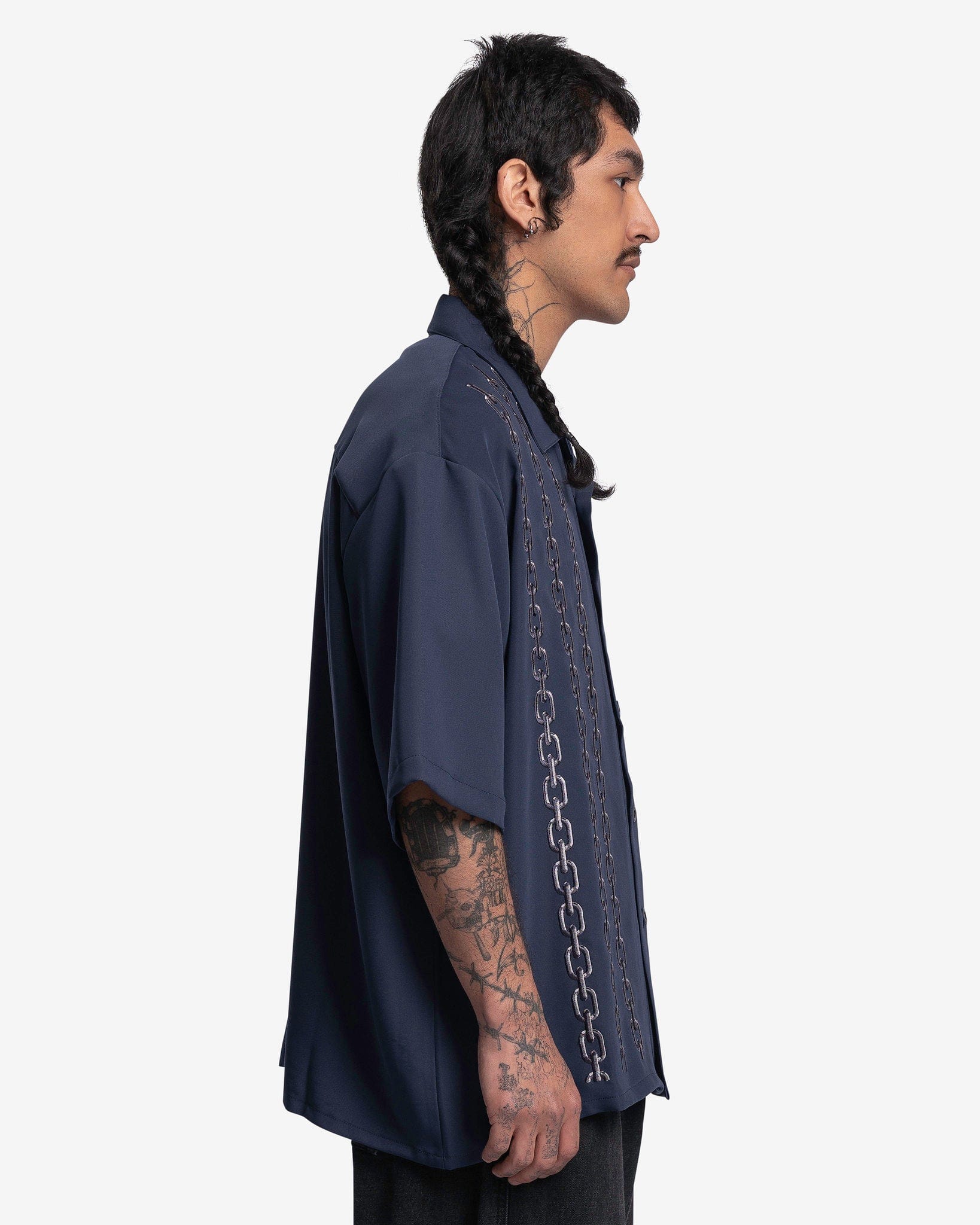 Willy Chavarria Men's Shirts Chain Embroidery Open Collar Shirt in Navy